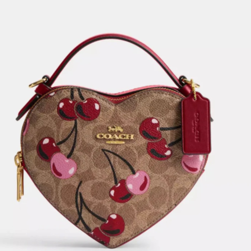 Coach Heart-Shaped Mini Bag with Cherry Print - Brown and Red